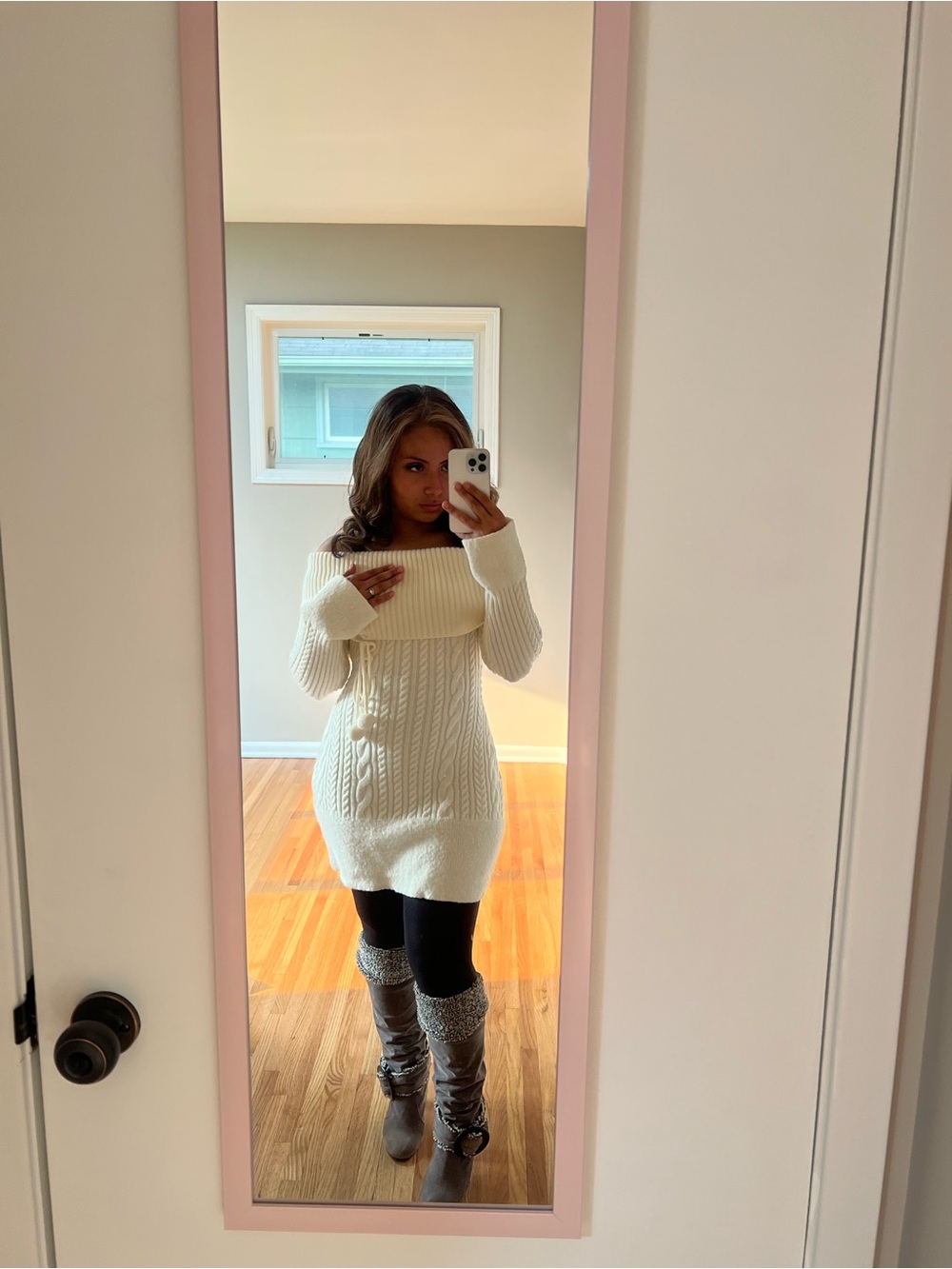 ROMWE Cream Off-Shoulder Cable Knit Sweater Dress